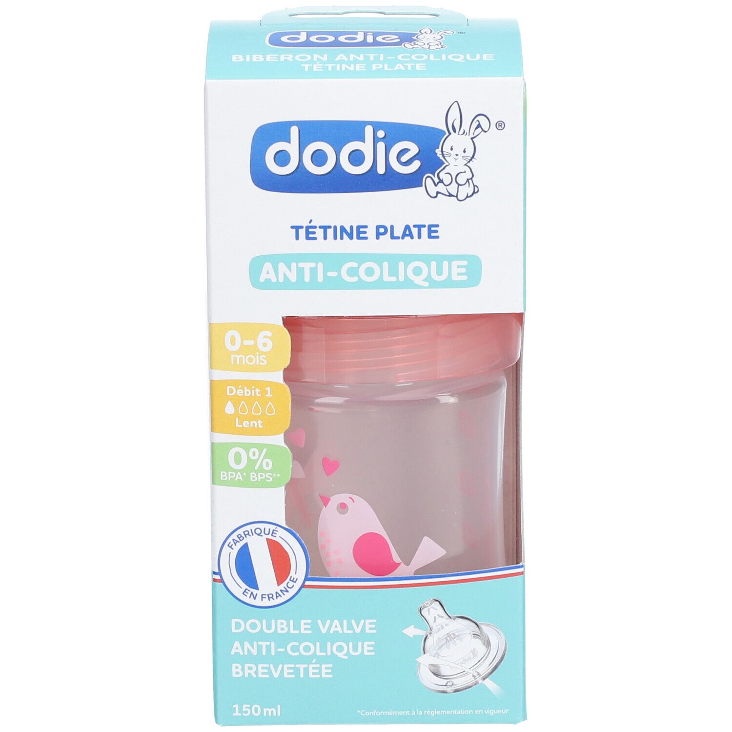 Biberon Dodie, tétine plate, anti-colique, 0-6 mois, débit 1. Emballage avec informations produit et logo Dodie.
