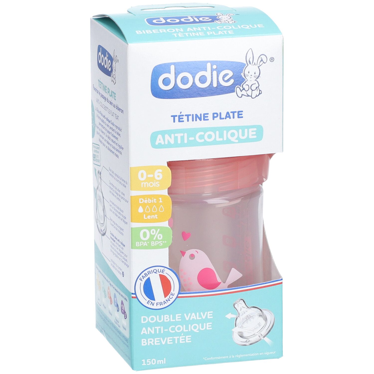 Biberon Dodie, tétine plate, anti-colique, 0-6 mois, débit 1. Emballage avec informations produit et logo Dodie.