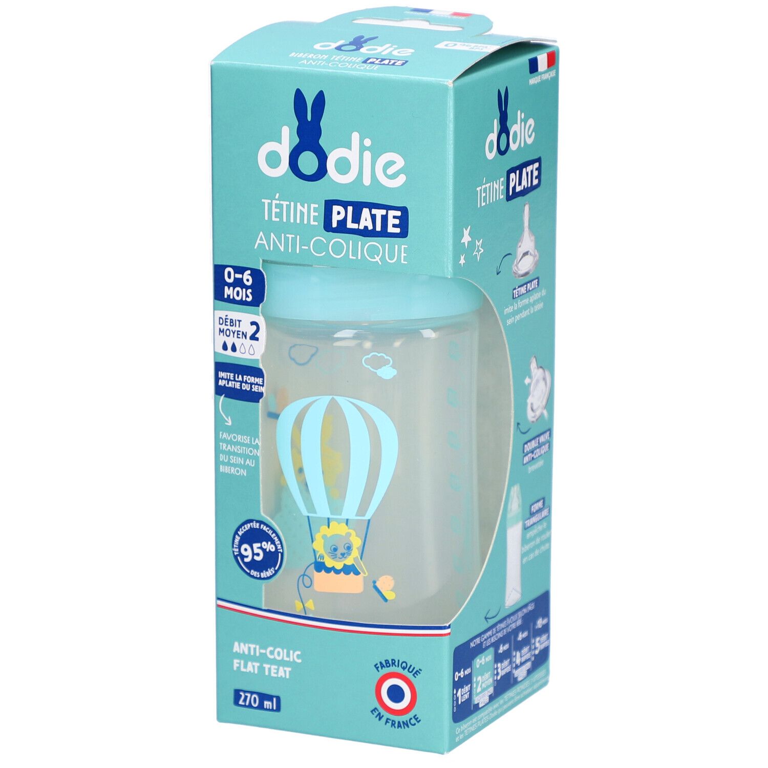 Dodie Biberon anti-colique ciel tétine plate 3 vitesses 0-6 mois
