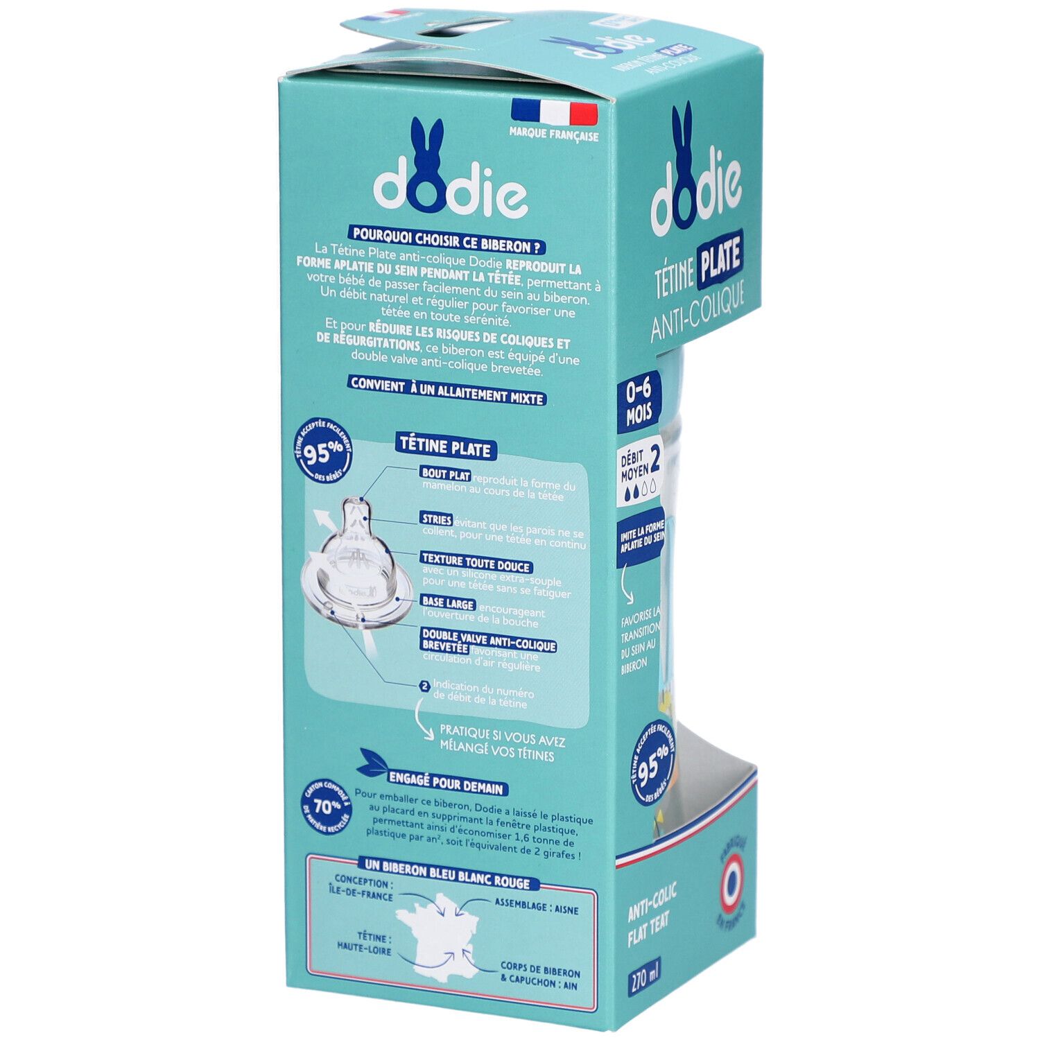 Achterkant verpakking. Tekst: Dodie, 0-6 maanden, anti-koliek, platte speen. Grafieken: details fles en speen.