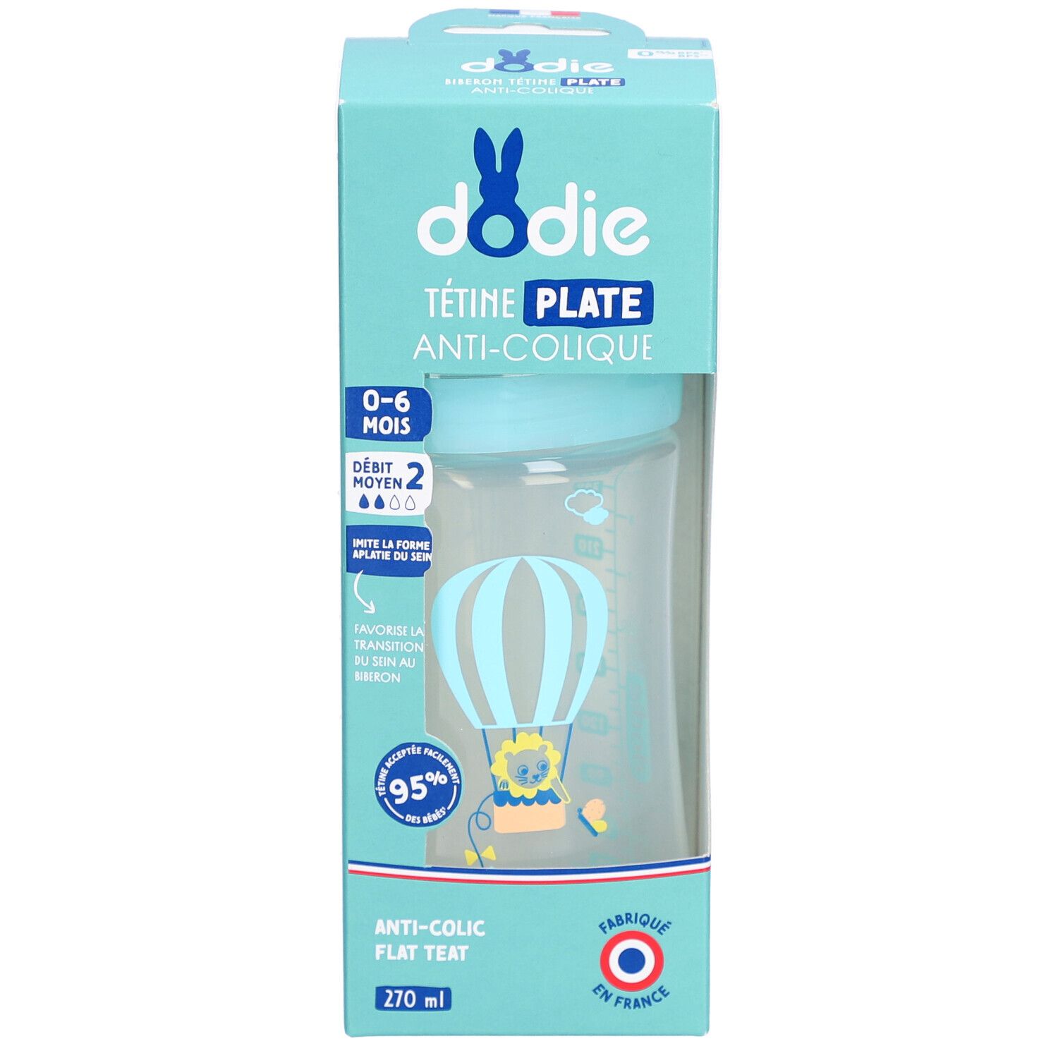 Verpakking anti-koliek fles. Zichtbaar: fles, dop, speen. Tekst: Dodie, 0-6 maanden, 270 ml, anti-koliek.