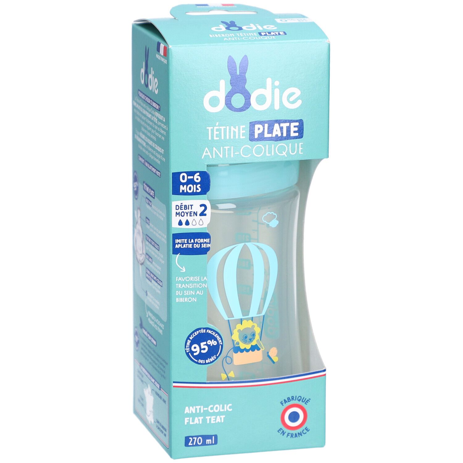 Verpakking anti-koliek fles. Zichtbaar: fles, dop, speen. Tekst: Dodie, 0-6 maanden, 270 ml, anti-koliek.
