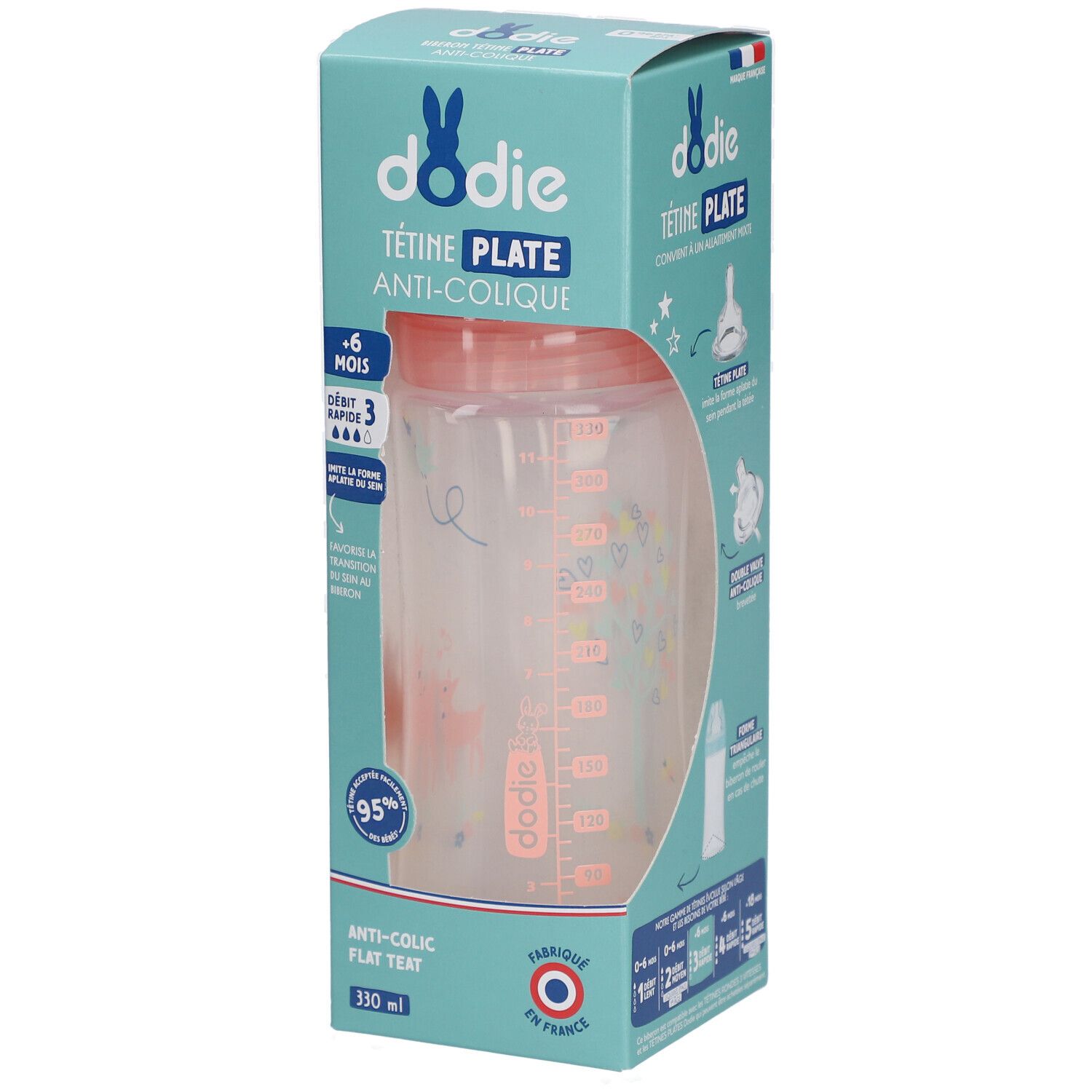Dodie Flasche mit flachem Sauger, Anti-Kolik, 330 ml. Verpackung mit Produktabbildung und Markennamen.