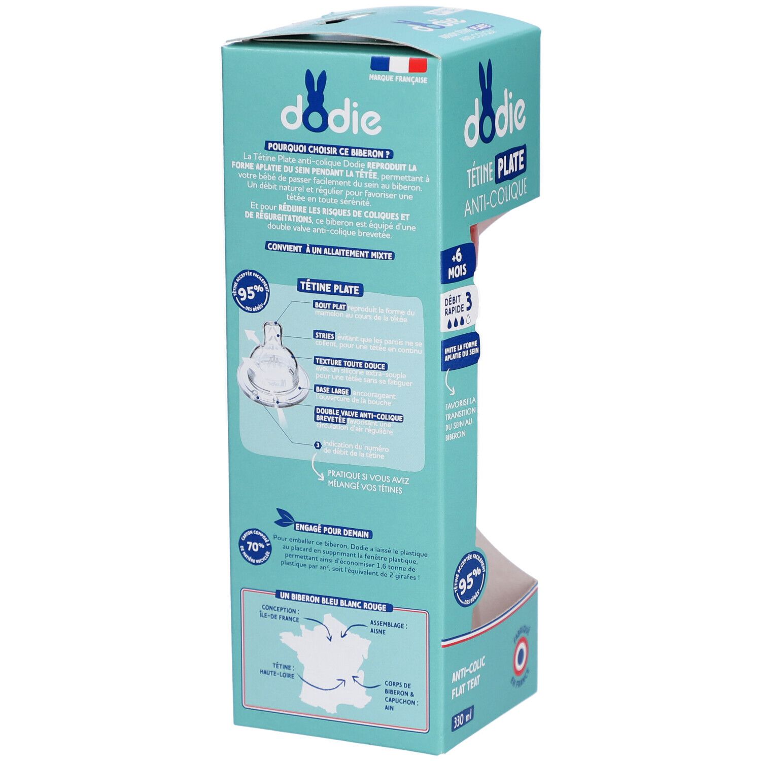 Verpackung der Dodie Flasche. Produktmerkmale: flacher Sauger, Anti-Kolik, Textur, Doppelventil. Hergestellt in Frankreich.