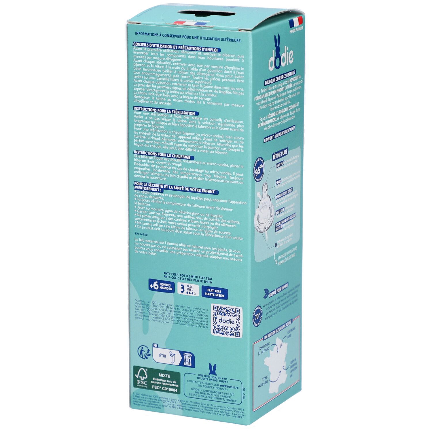 Verpackung der Dodie Flasche mit Gebrauchsanweisung und Vorsichtsmaßnahmen. Informationen zur Anwendung und Sicherheit.