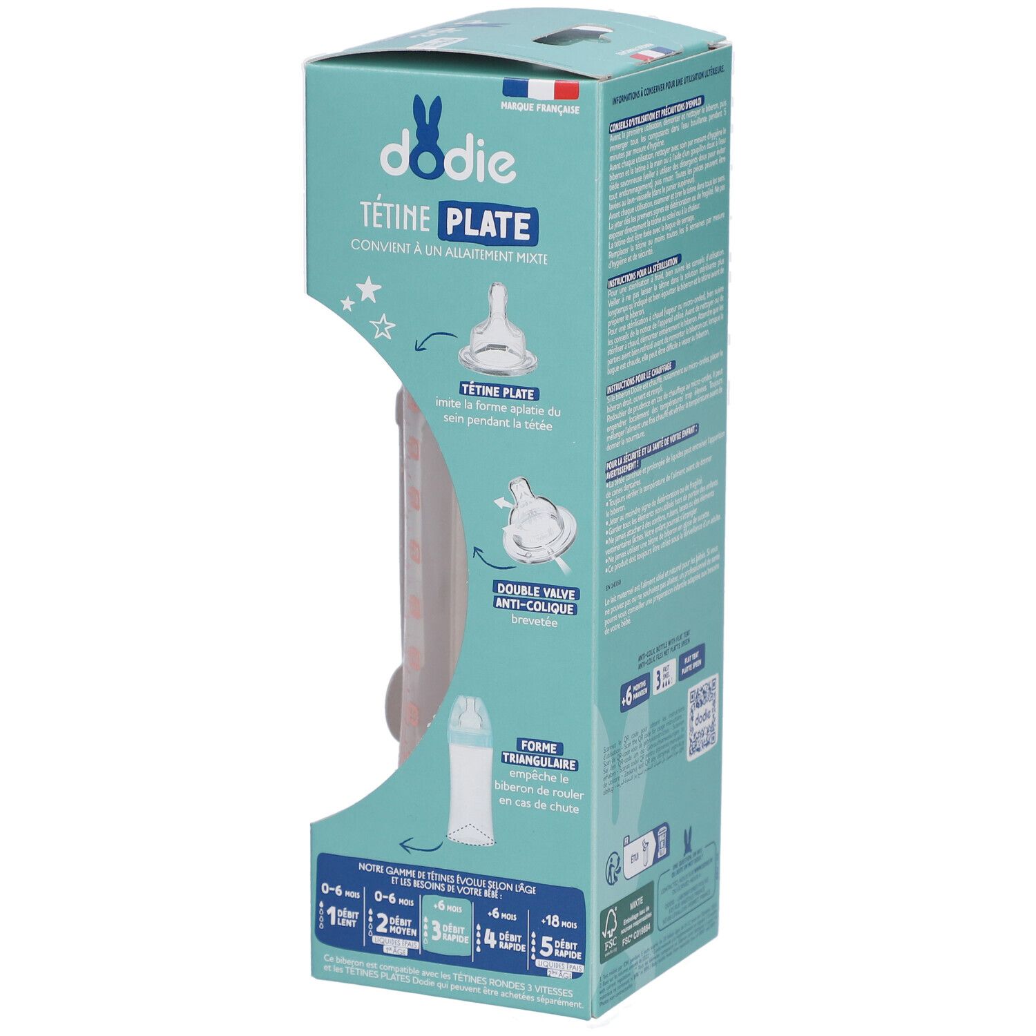 Verpackung der Dodie Flasche. Produktmerkmale: flacher Sauger, Anti-Kolik, Form. Informationen zur Kompatibilität.