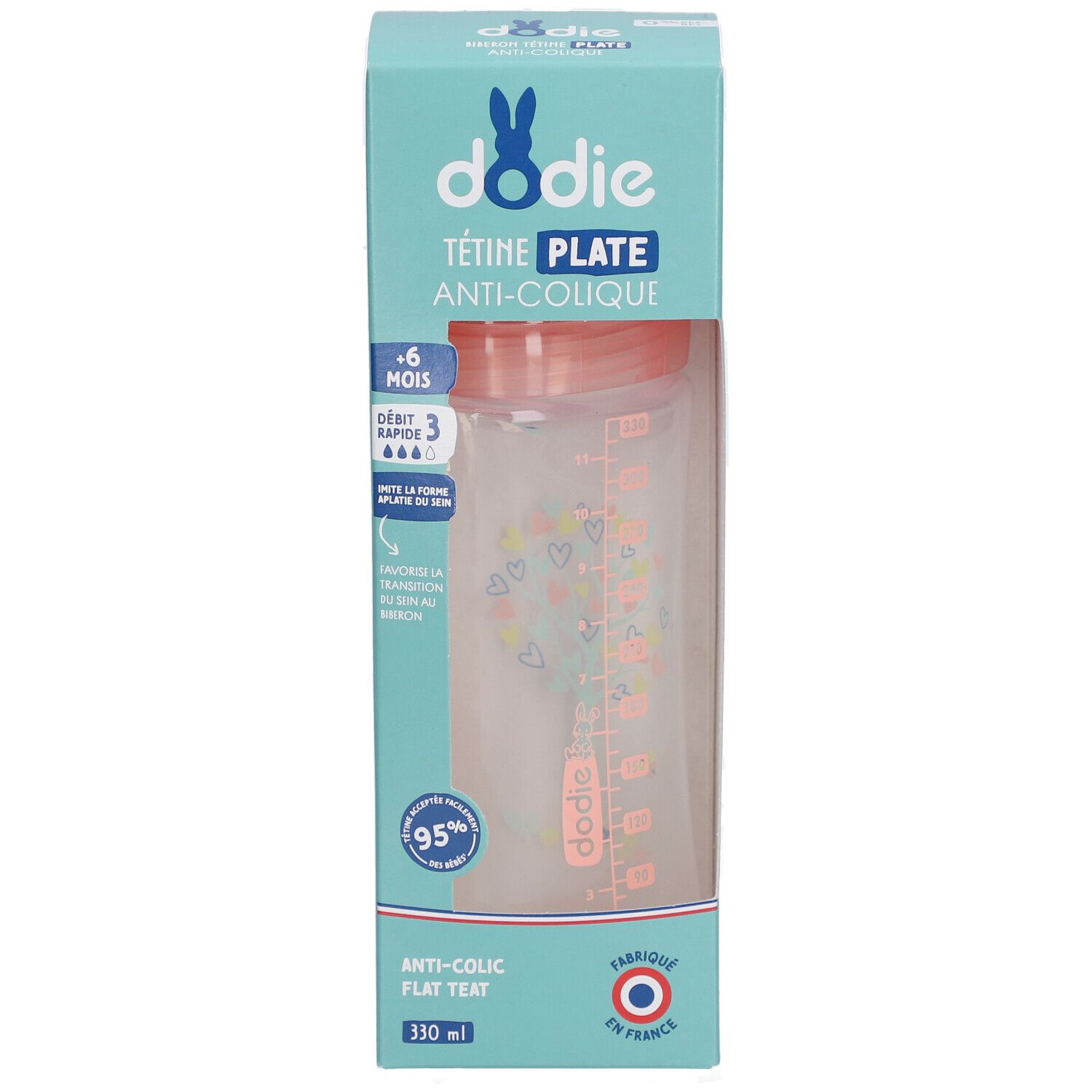 Dodie Flasche mit flachem Sauger, Anti-Kolik, 330 ml. Rosa Flasche mit Messskala und Herzmuster.