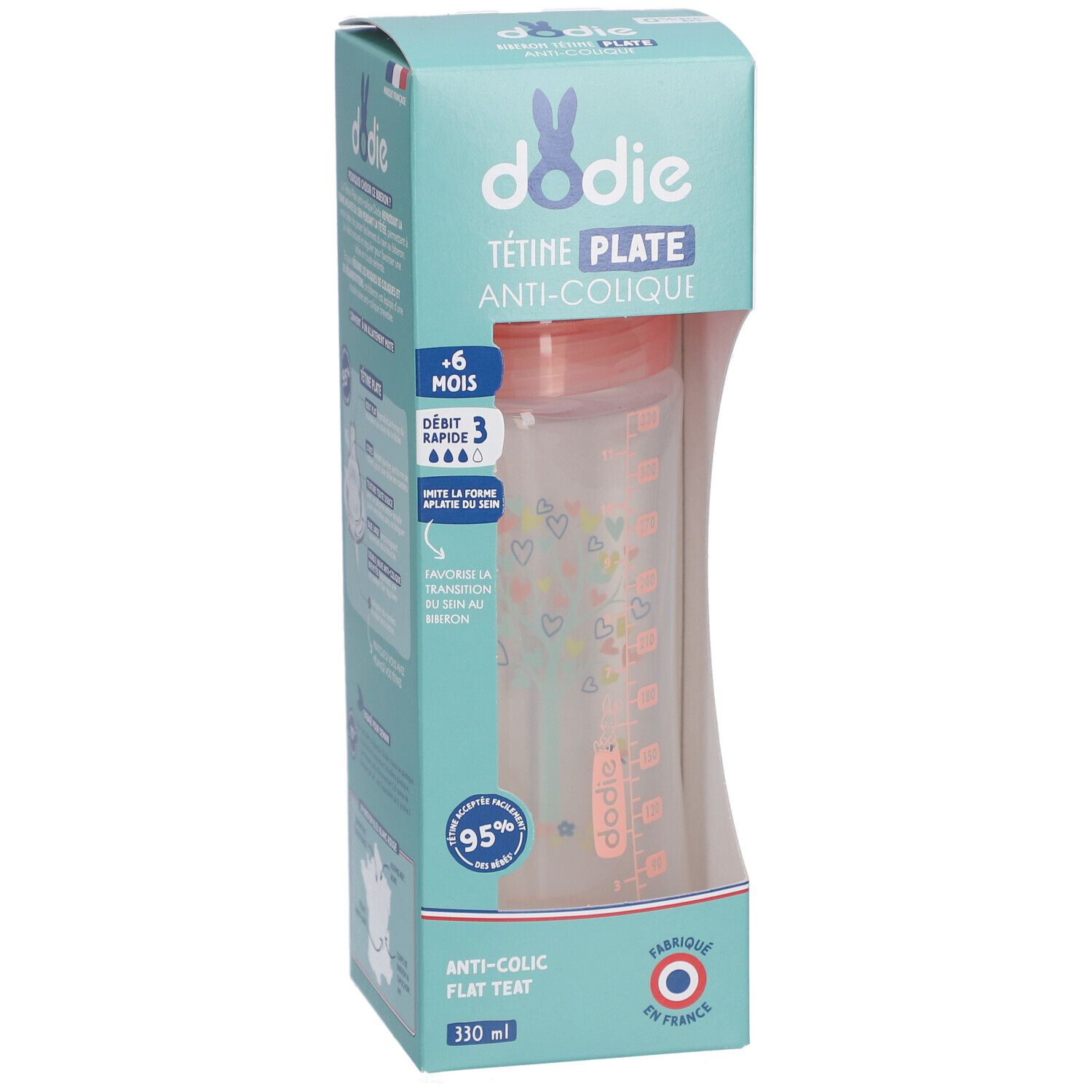 Dodie Flasche mit flachem Sauger, Anti-Kolik, 330 ml. Rosa Flasche mit Messskala. Verpackung.