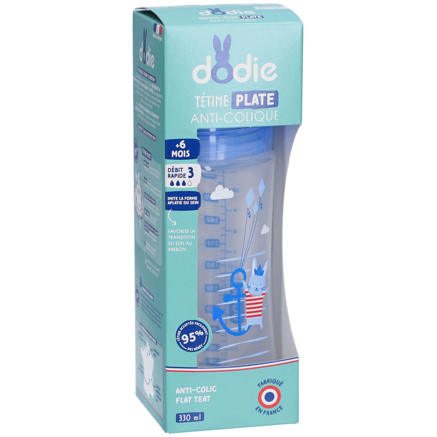 Biberon dans son emballage. Biberon bleu transparent avec couvercle bleu. Motif ancre et lapin. Texte: Anti-colique, 330 ml.