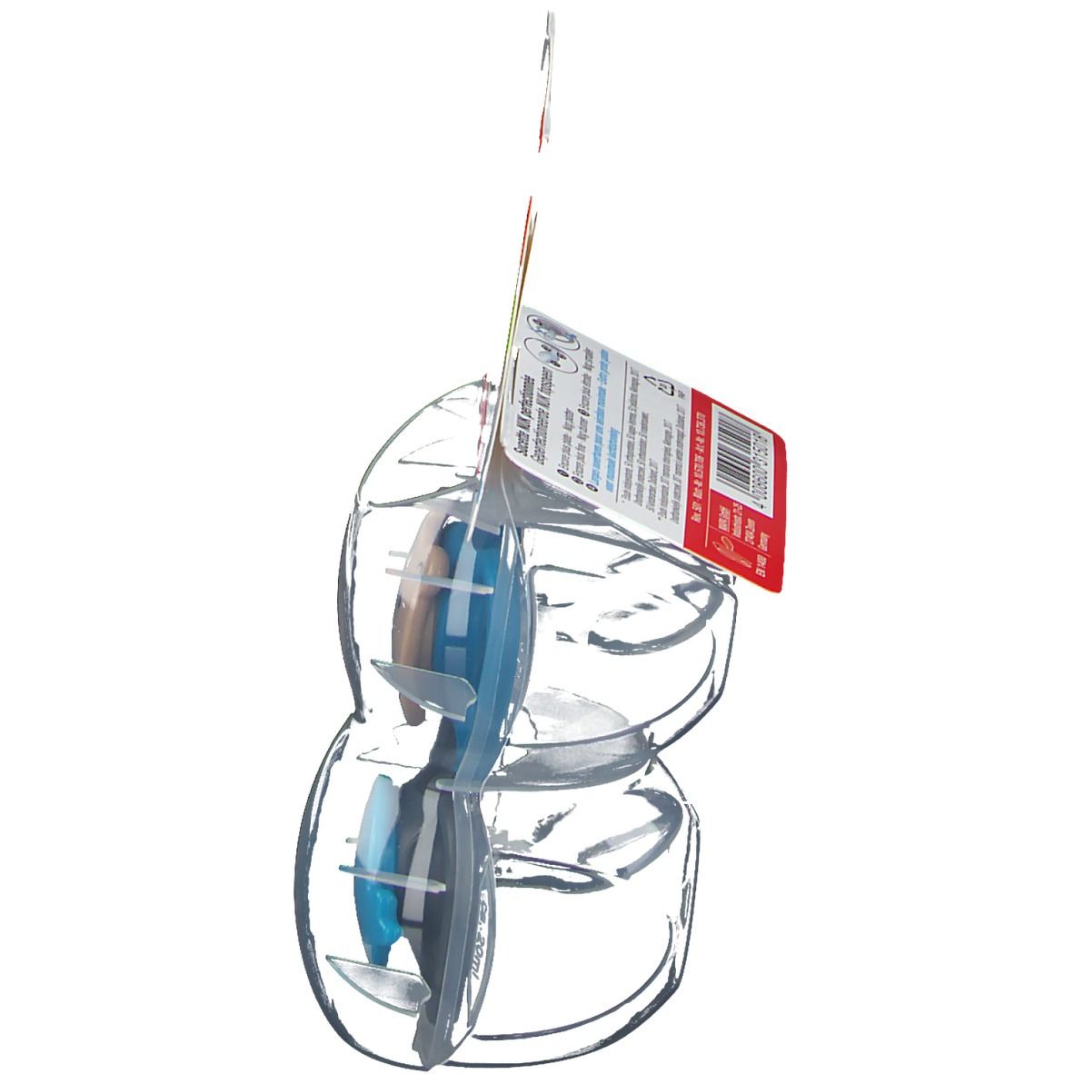 Vue latérale de l'emballage de deux sucettes. Emballage en plastique transparent. Marque NUK. Âge recommandé : 18-36 mois.