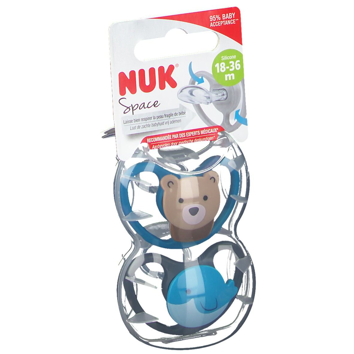 Emballage de deux sucettes. Sucettes en silicone bleu-gris avec des motifs d'animaux. Marque NUK. Âge recommandé : 18-36 mois.