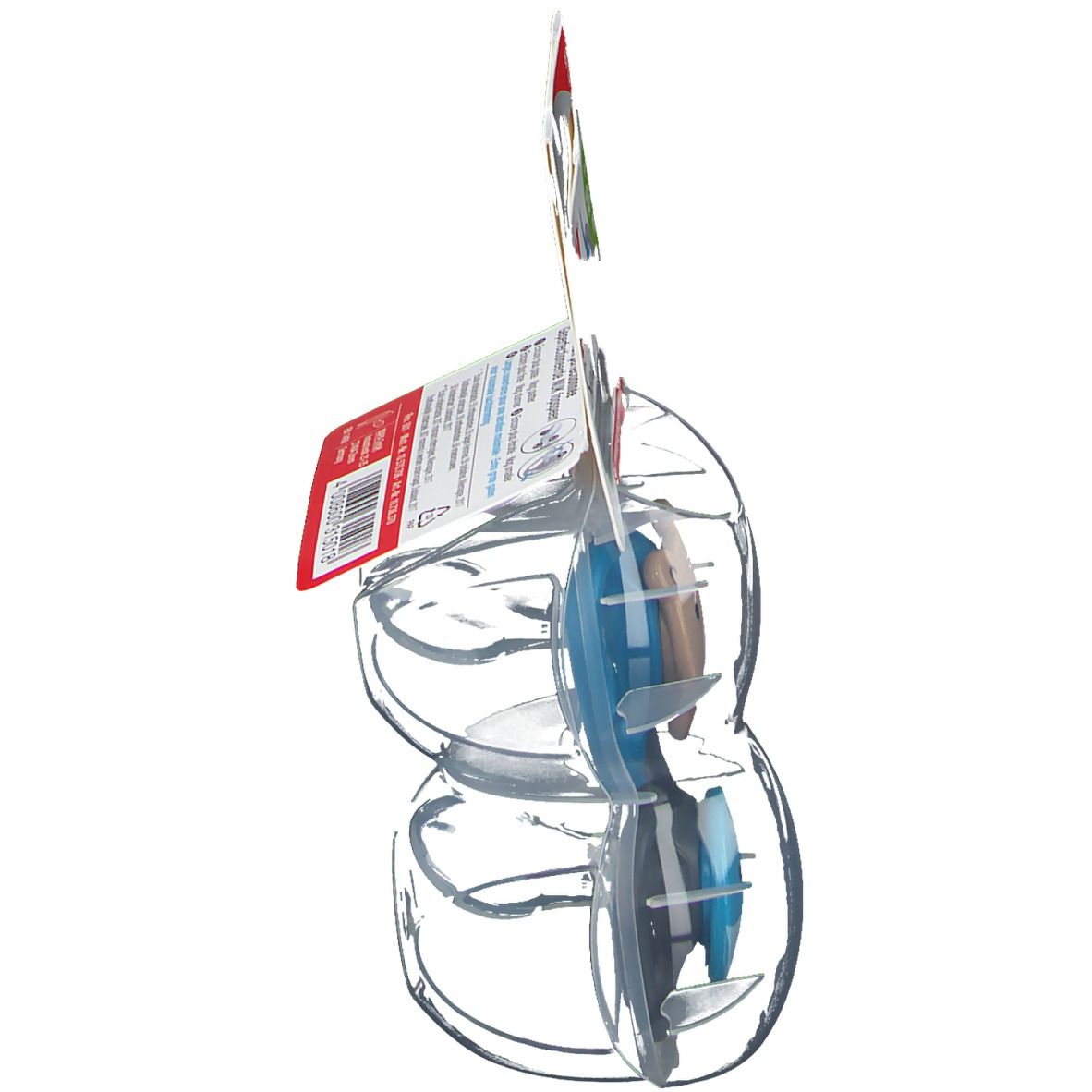 Vue latérale de l'emballage de deux sucettes. Emballage en plastique transparent. Marque NUK. Âge recommandé : 18-36 mois.