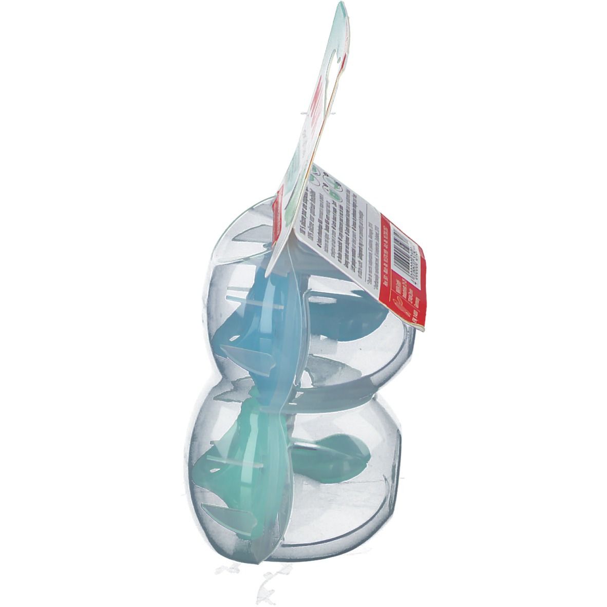 Vue latérale de l'emballage des sucettes NUK Sensitive. Deux sucettes dans un emballage plastique. 0-6 mois. Logo de la marque visible.