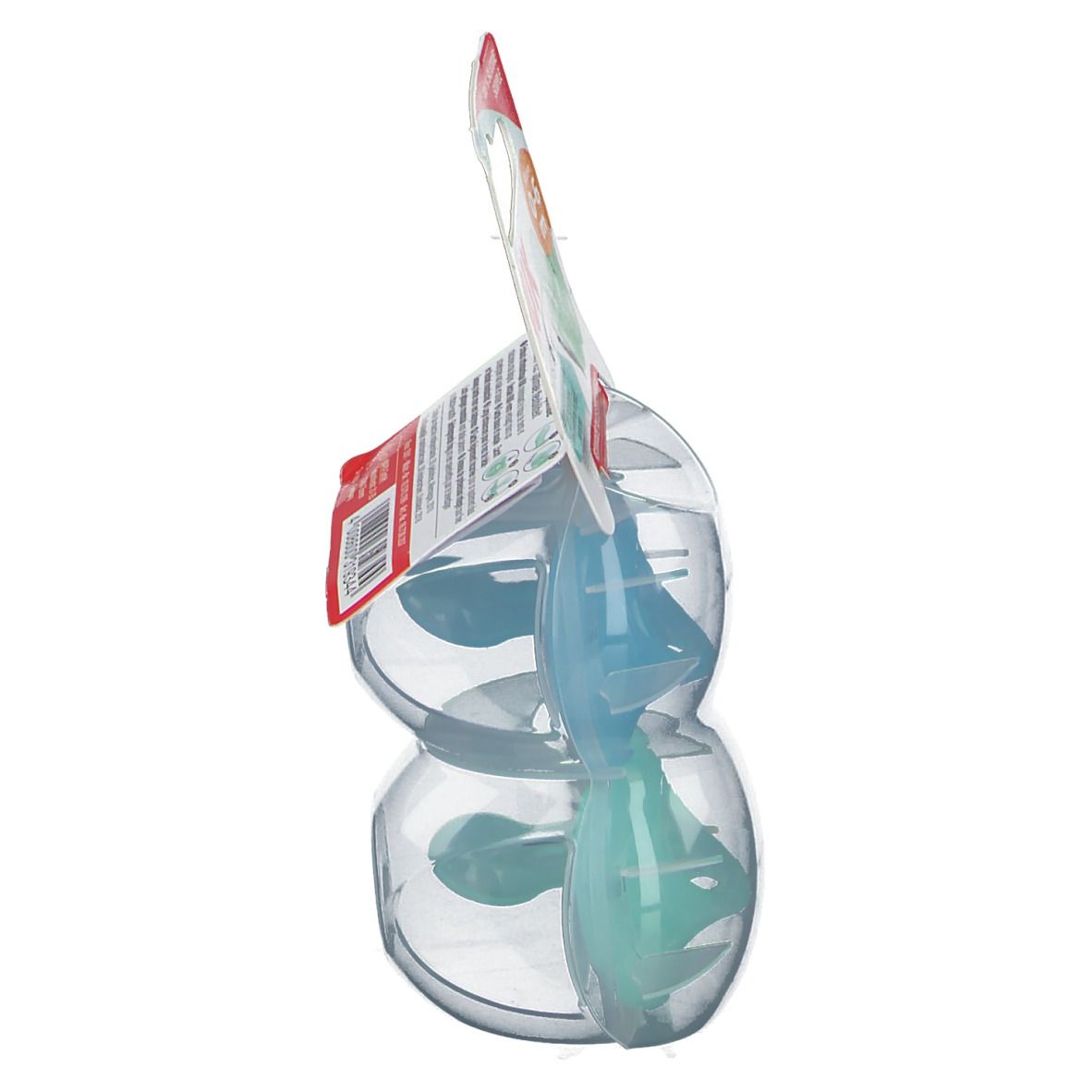 Vue latérale de l'emballage des sucettes NUK Sensitive. Deux sucettes dans un emballage plastique. 0-6 mois. Logo de la marque visible.