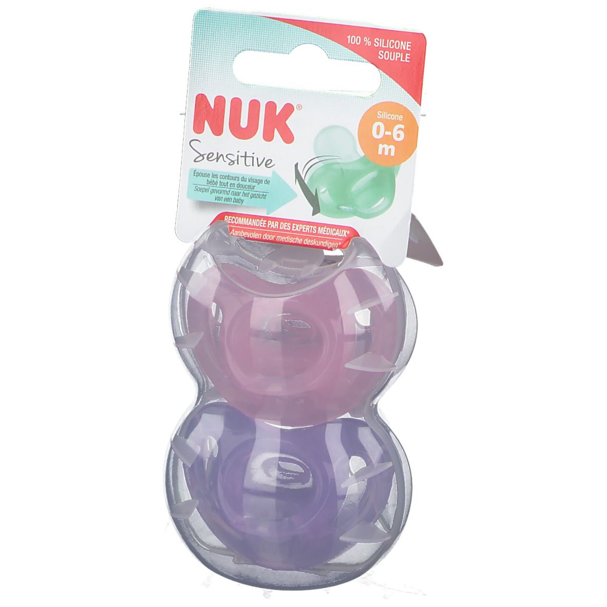 Deux sucettes en emballage transparent. Marque NUK Sensitive. Recommandé 0-6 mois.