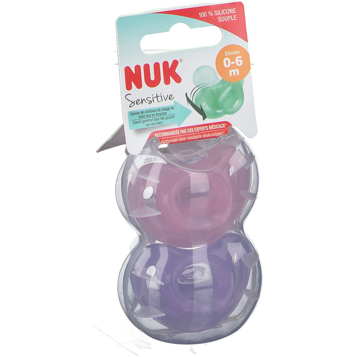 Deux sucettes en emballage transparent. Marque NUK Sensitive. Recommandé 0-6 mois.