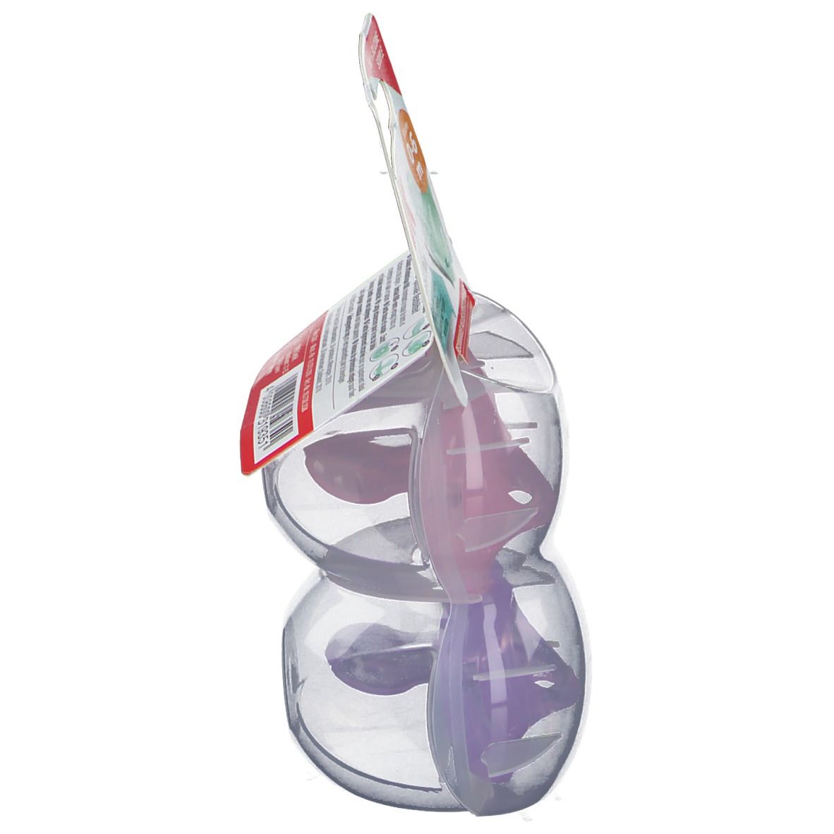 Deux sucettes dans un emballage transparent. Tétines violettes et roses. Languette avec texte.