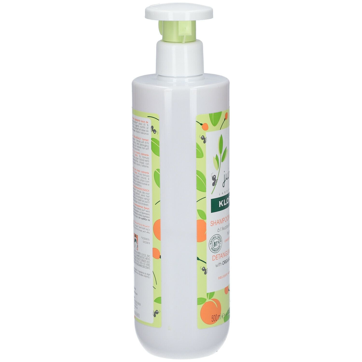Witte fles met groene pomp, zijaanzicht. Opschrift: Klorane Junior Shampooing Démêlant. Met illustraties.