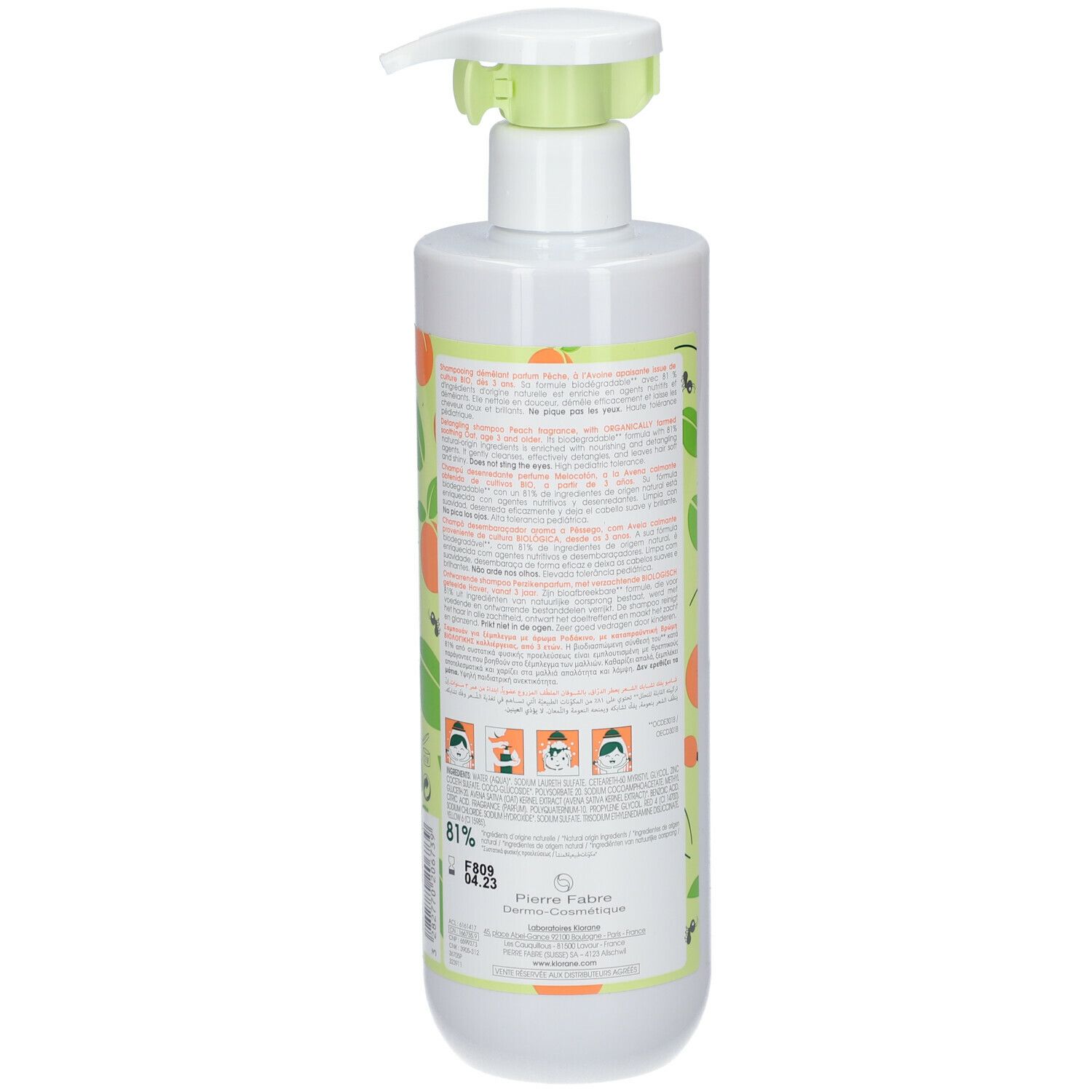 Achterkant van de witte fles met groene pomp. Tekstinformatie en illustraties. Merk: Klorane Junior.
