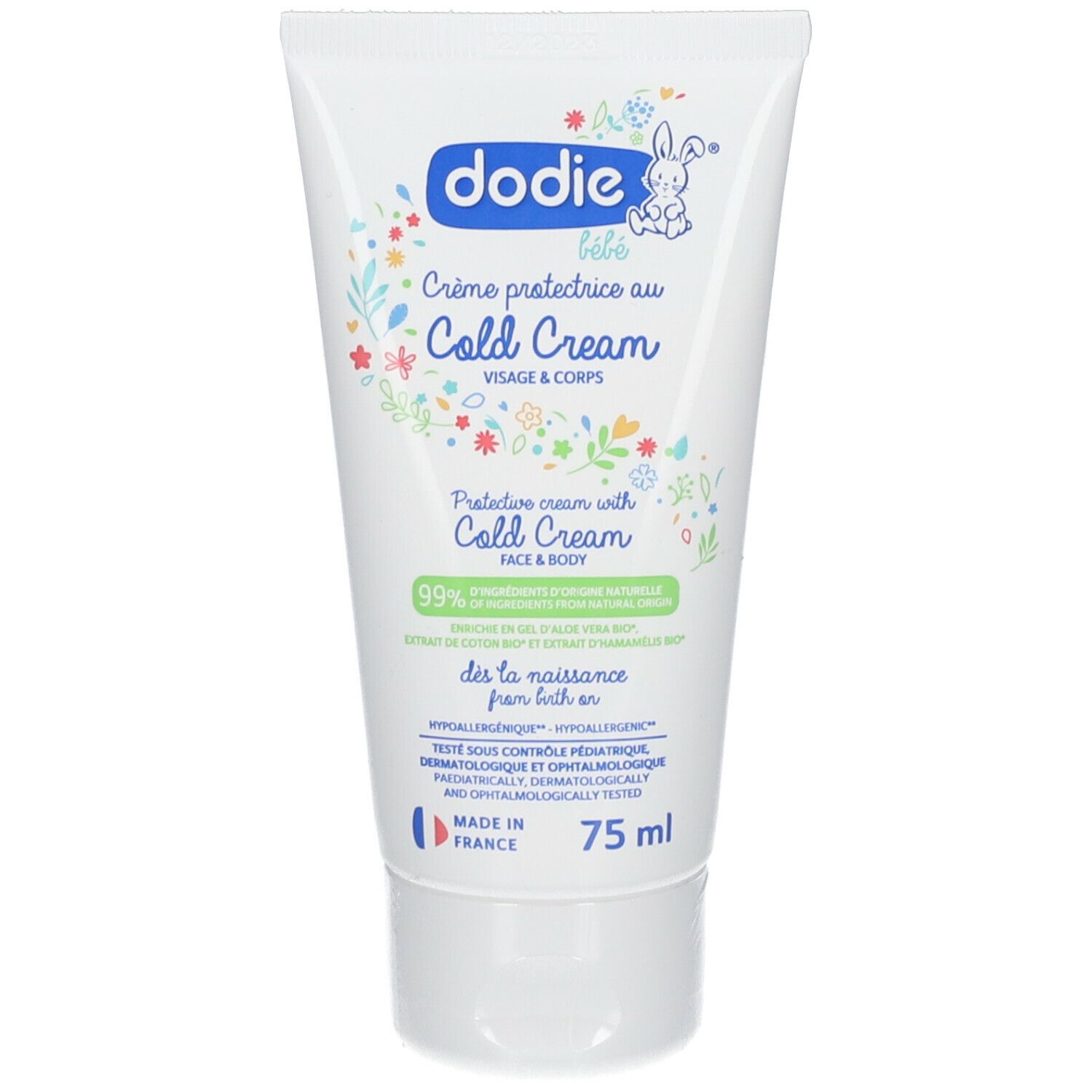 Witte tube dodie® Crème protectrice au Cold Cream voor gezicht en lichaam. 75 ml. Bevat 99% natuurlijke ingrediënten.