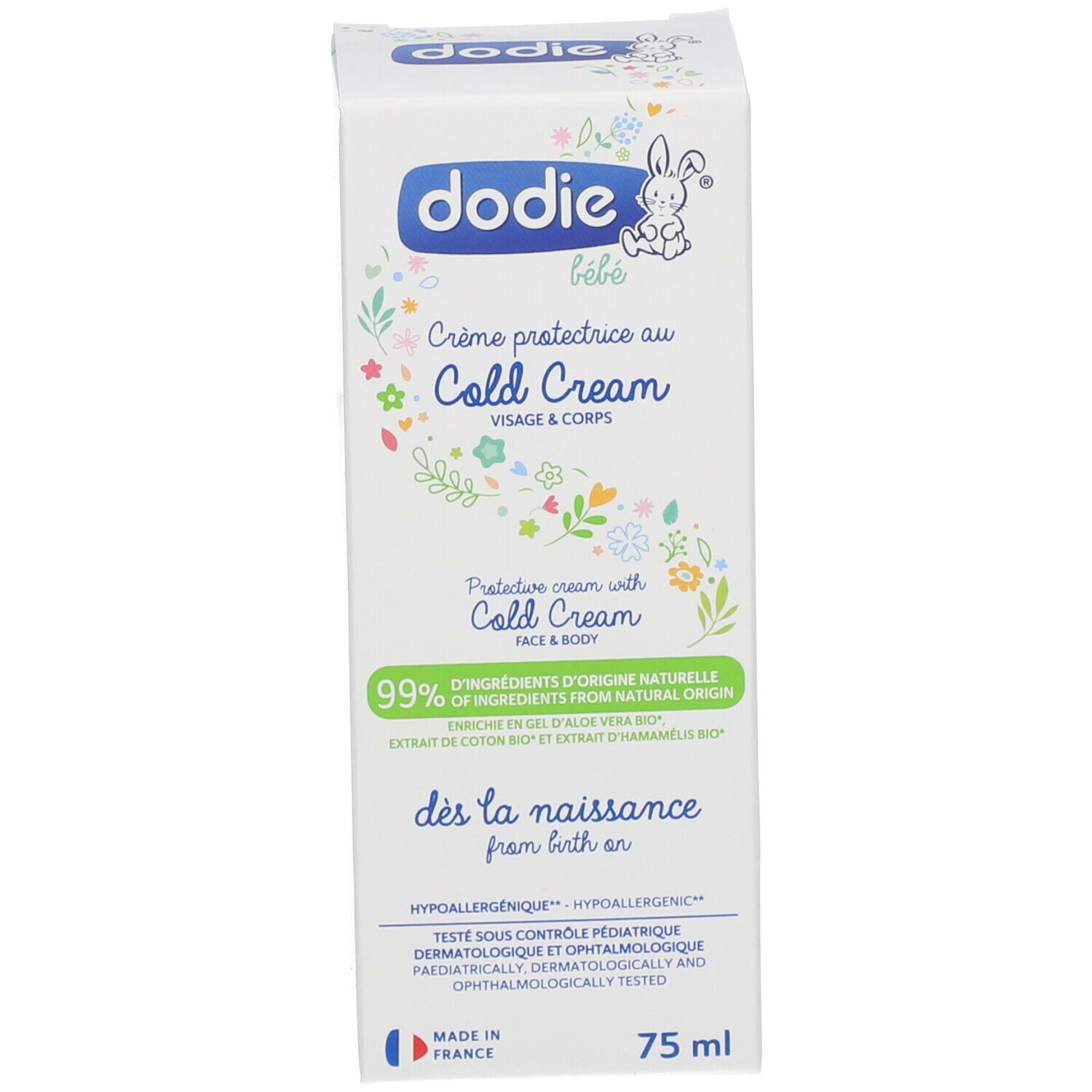 Witte doos dodie® Crème protectrice au Cold Cream voor gezicht en lichaam. 75 ml. Bevat 99% natuurlijke ingrediënten.