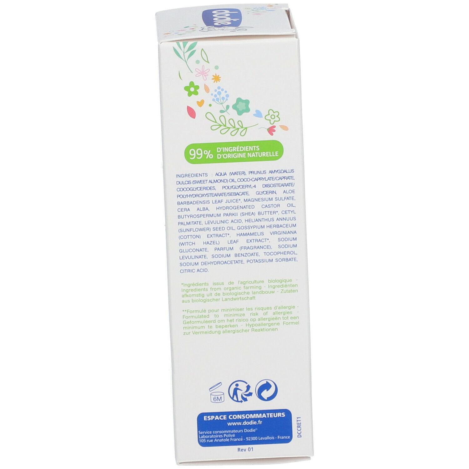 Zijkant van de doos met ingrediëntenlijst en contactgegevens. Informatie over samenstelling.