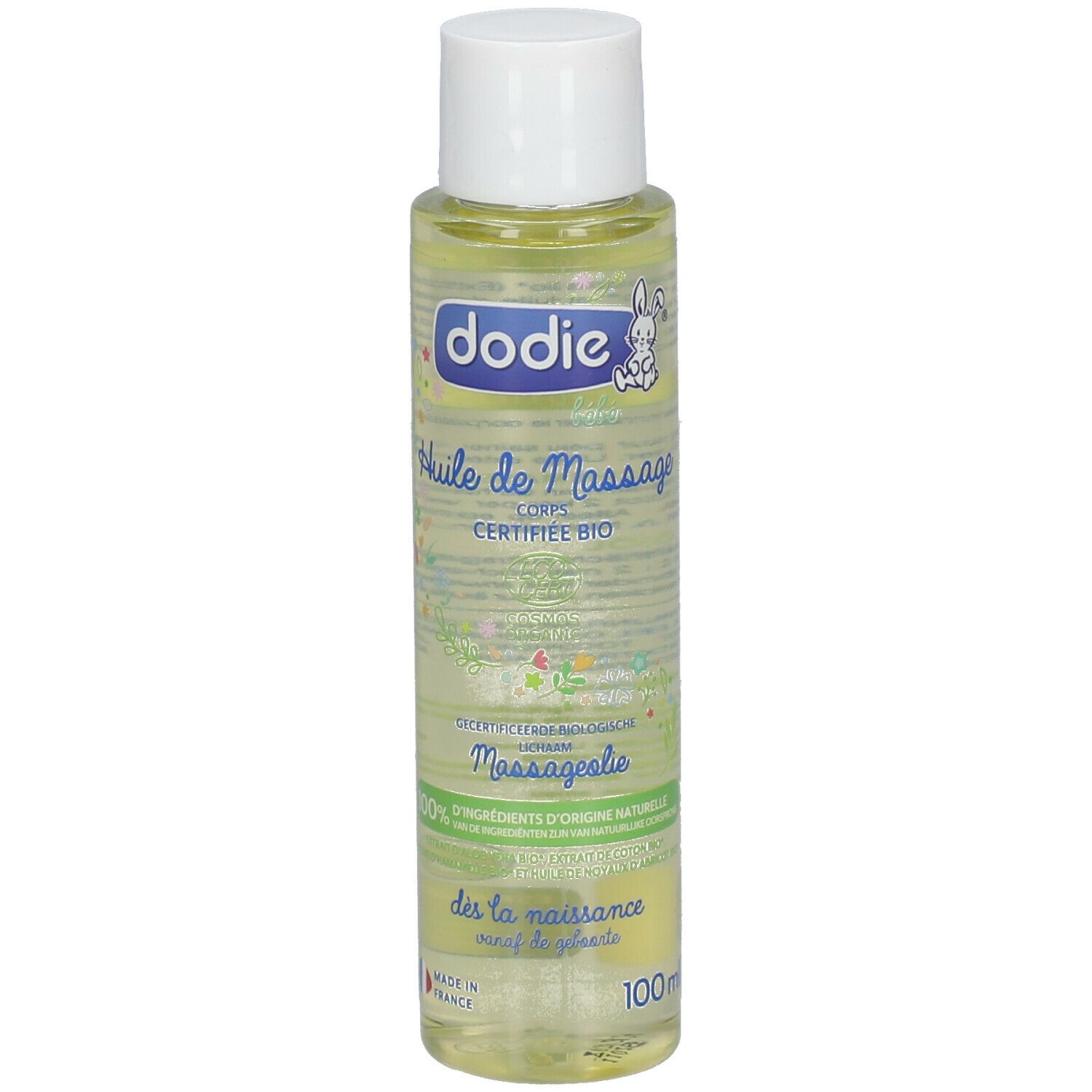 Flesje lichaamsolie met witte dop. Opschrift: Dodie, Huile de Massage, Certifiée Bio. 100% natuurlijke ingrediënten.