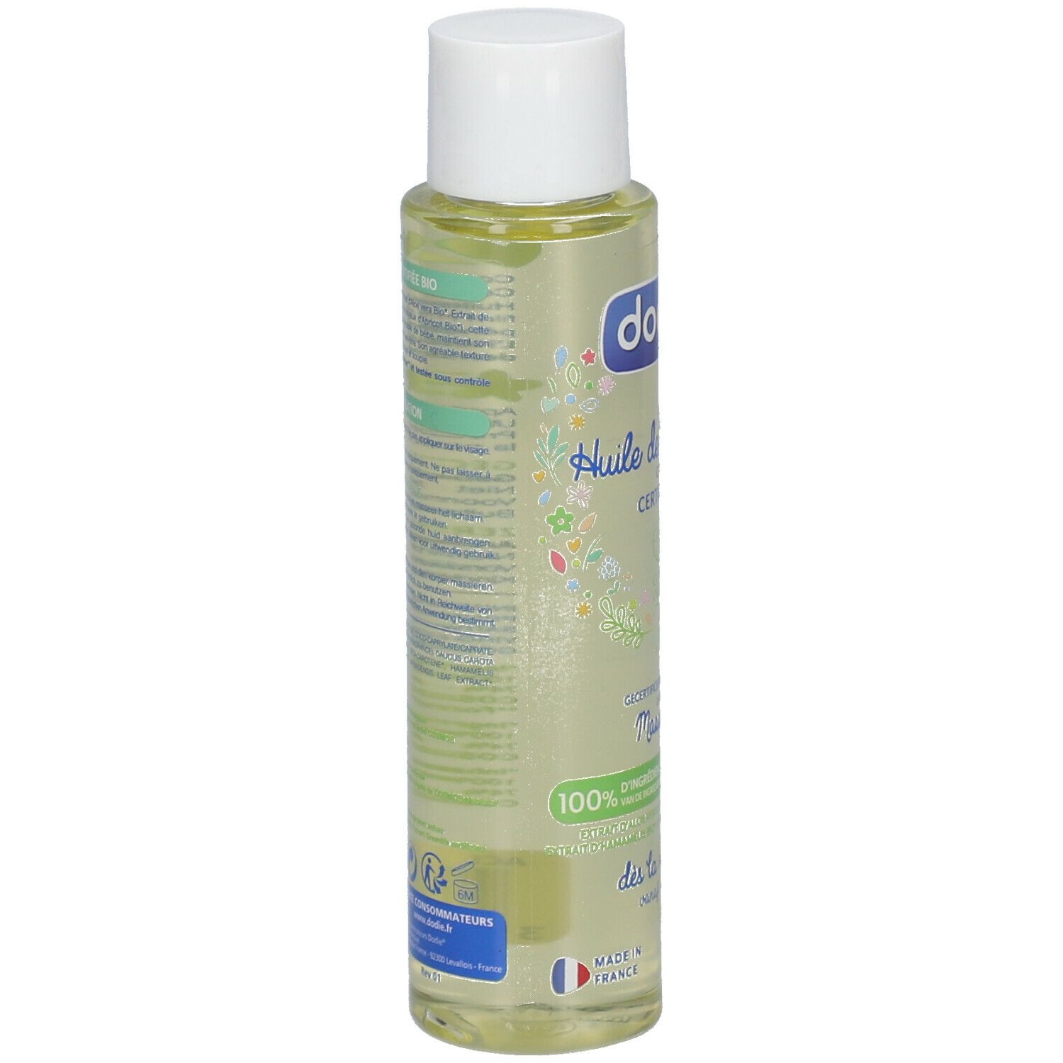 Achterkant van de lichaamsoliefles met witte dop. Tekst: Huile de Massage, Certifiée Bio. 100% natuurlijke ingrediënten.