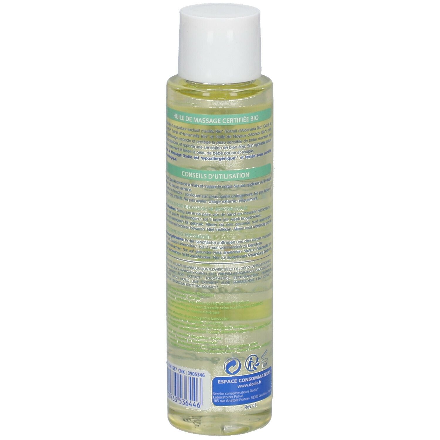 Achterkant van de lichaamsoliefles met witte dop. Tekst: Huile de Massage Certifiée Bio. Met gebruiksaanwijzing en ingrediënten.