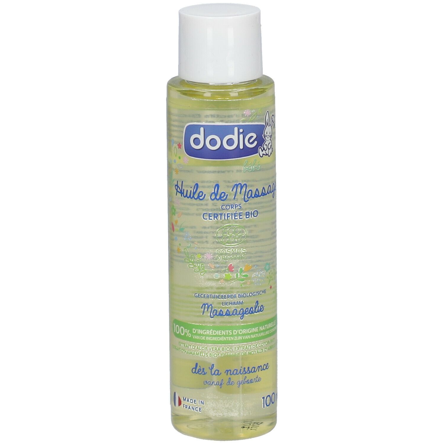 Flesje lichaamsolie met witte dop. Opschrift: Dodie, Huile de Massage, Certifiée Bio. 100% natuurlijke ingrediënten.