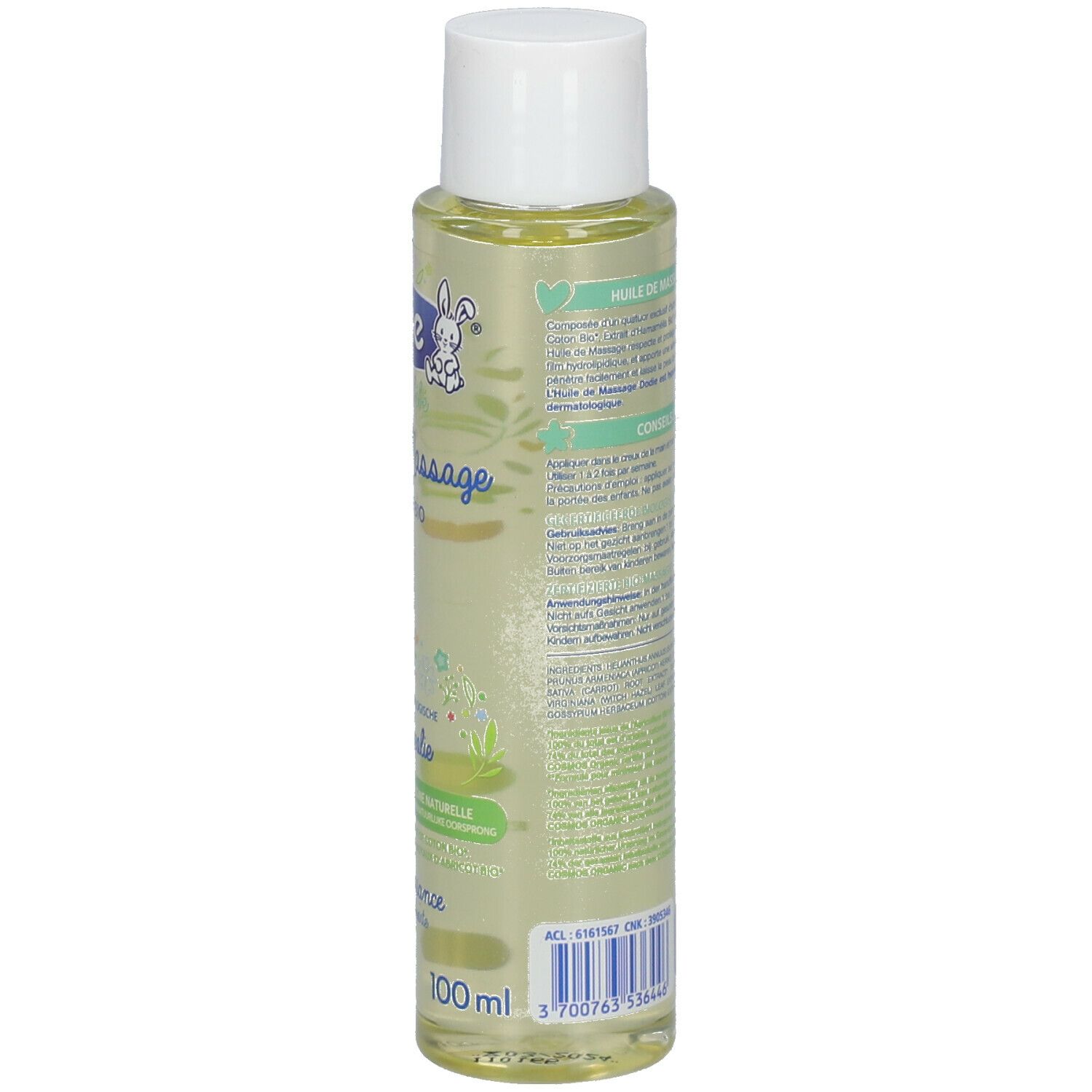 Achterkant van de lichaamsoliefles met witte dop. Tekst: Huile de Massage, Certifiée Bio. 100% natuurlijke ingrediënten. 100 ml.