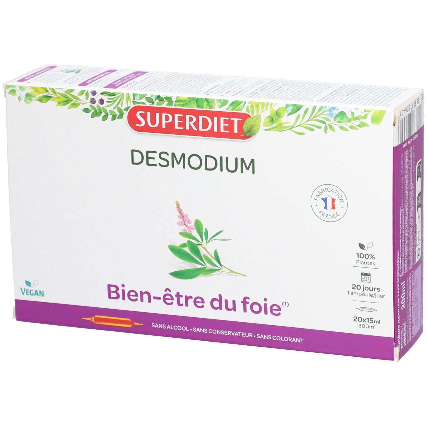 Boîte de SUPERDIET Desmodium. Inscription Bien-être du foie. Logo Vegan et label Fabriqué en France.