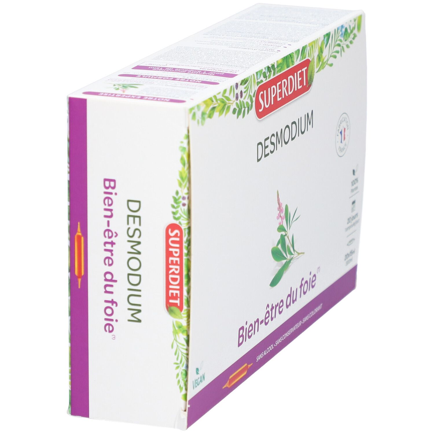 Vue latérale de la boîte SUPERDIET Desmodium. Inscription Bien-être du foie. Logo Vegan visible.