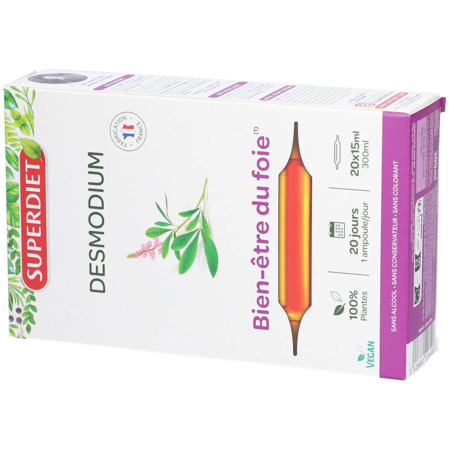 Boîte SUPERDIET Desmodium avec illustration d'ampoules. Inscription Bien-être du foie. Logo Vegan et Fabriqué en France.