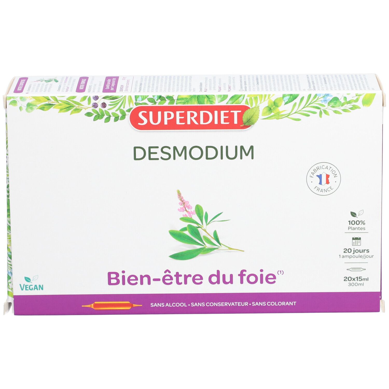 Boîte SUPERDIET Desmodium. Inscription Bien-être du foie. Logo Vegan et label Fabriqué en France.