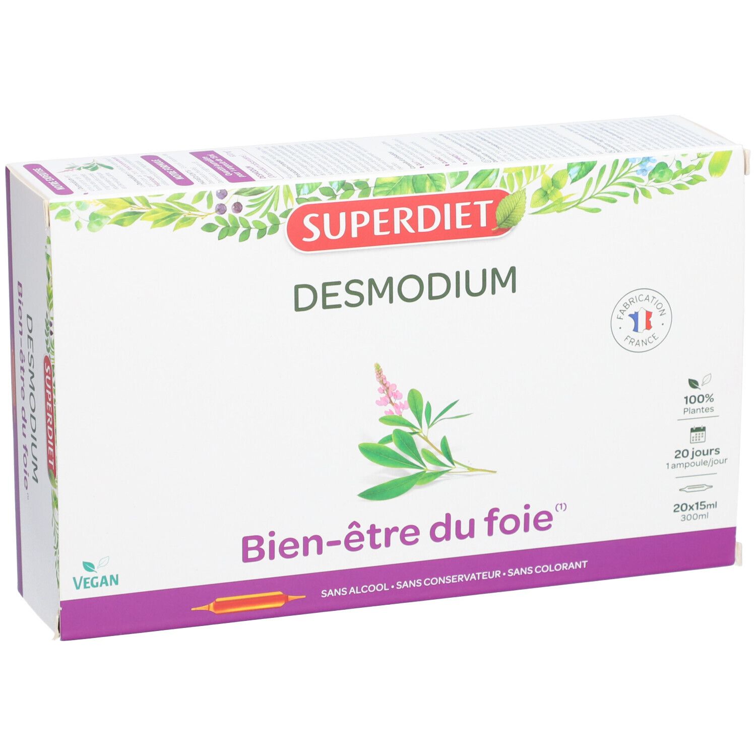 Boîte SUPERDIET Desmodium. Inscription Bien-être du foie. Logo Vegan et label Fabriqué en France.