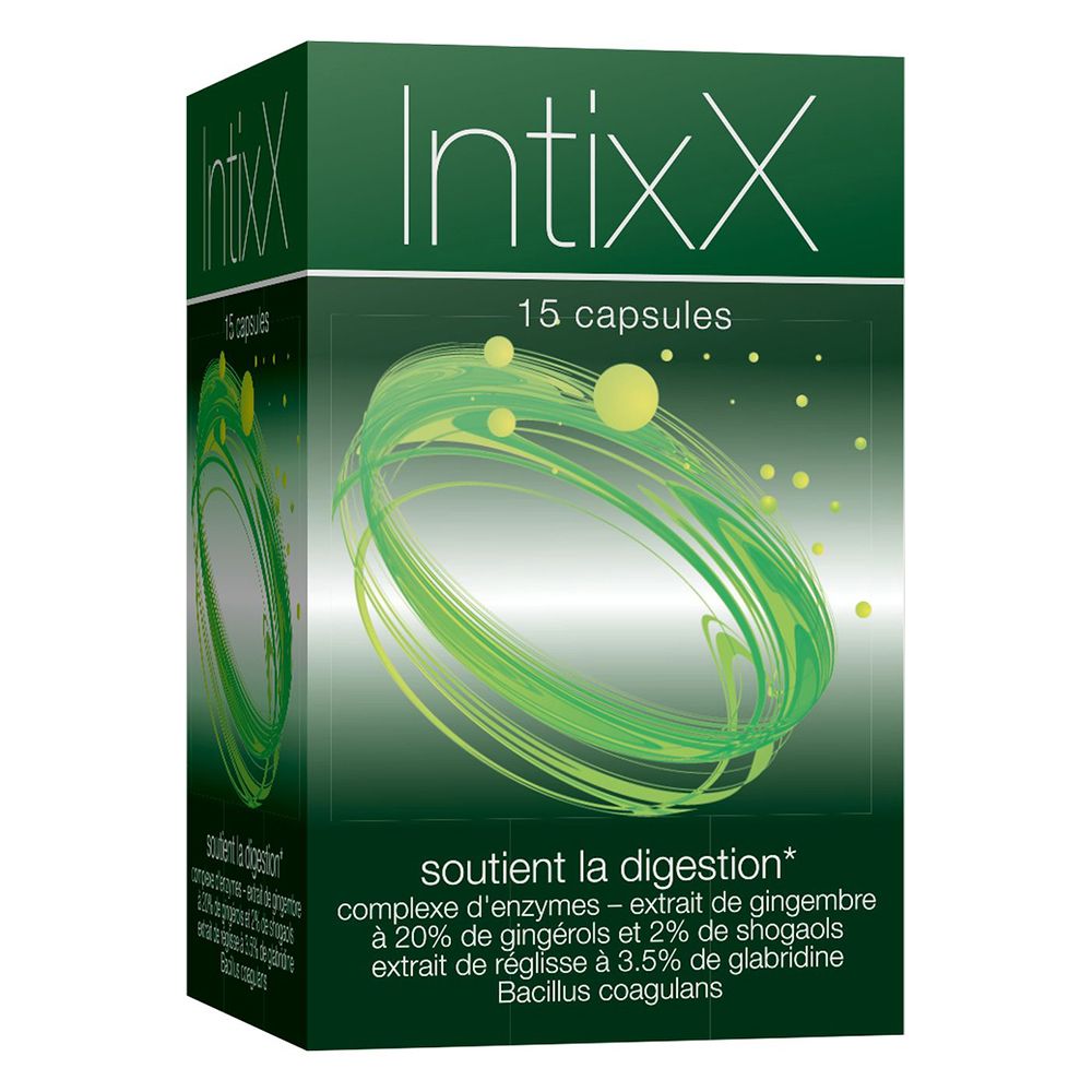 Emballage. Inscription Intixx, 15 capsules. Texte: soutient la digestion.