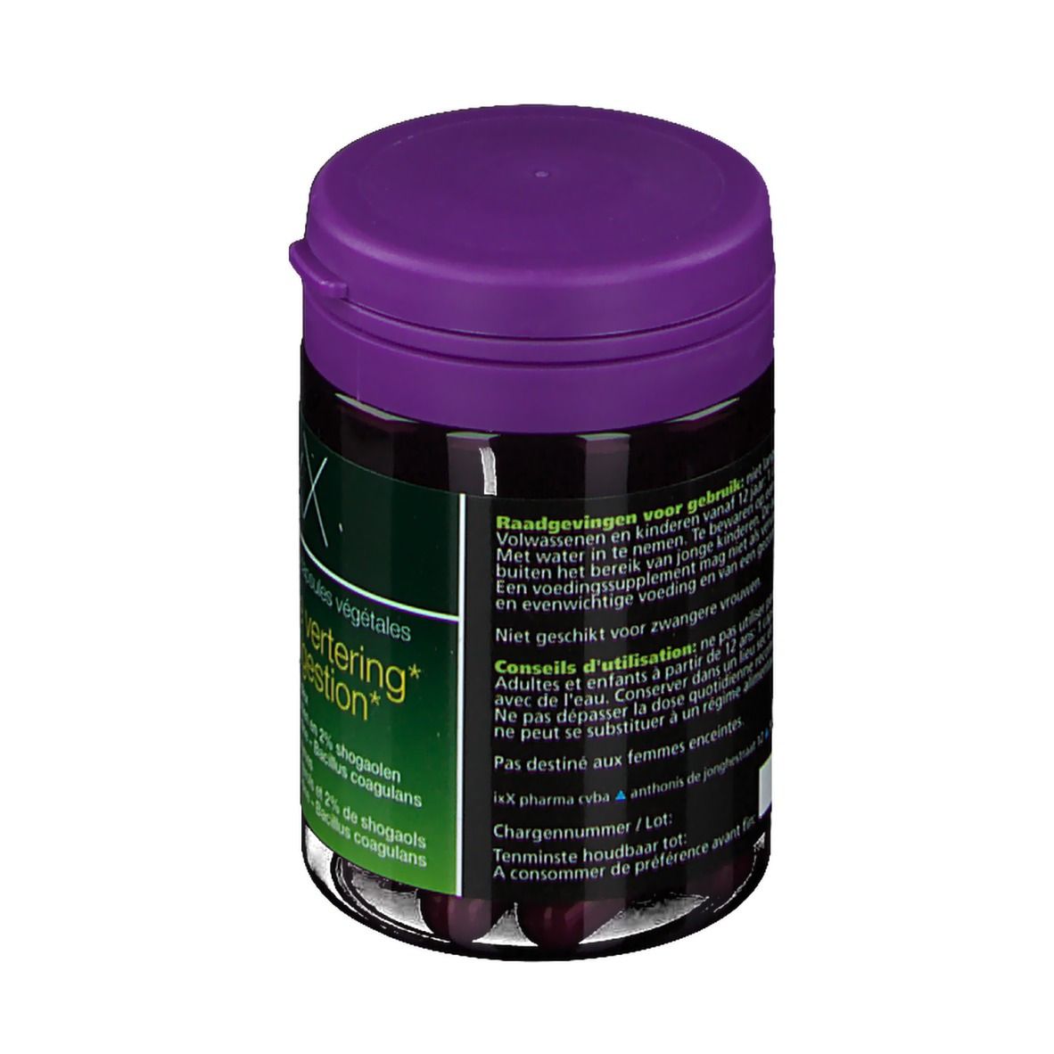 Flacon cylindrique violet. Inscription Intixx, 15 capsules végétales. Texte: soutient la digestion.