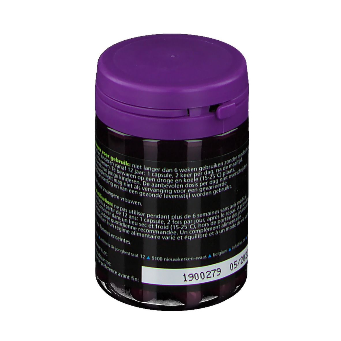 Flacon cylindrique violet. Inscription Intixx, 15 capsules végétales. Texte: soutient la digestion.