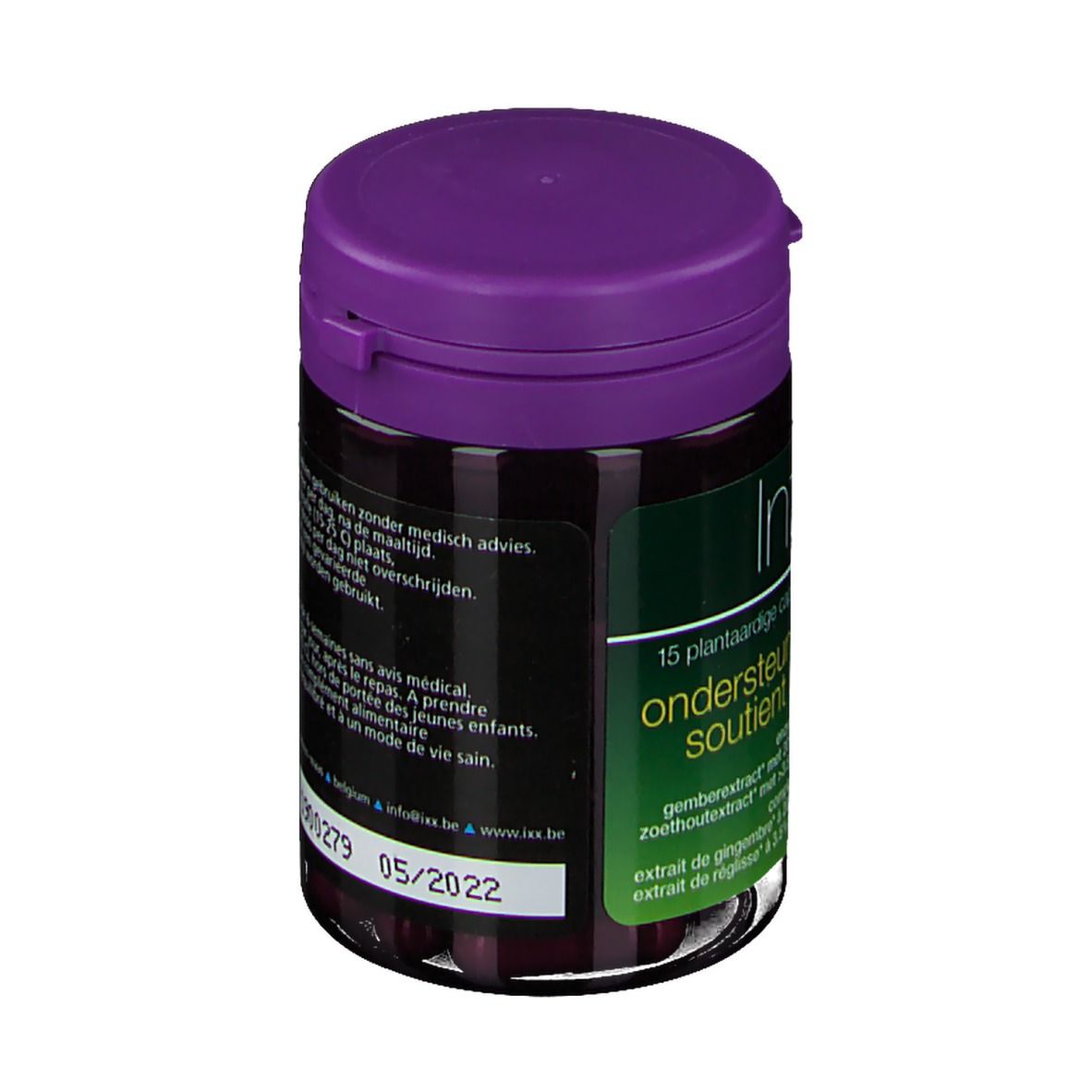 Flacon cylindrique violet. Inscription Intixx, 15 capsules végétales. Texte: soutient la digestion.