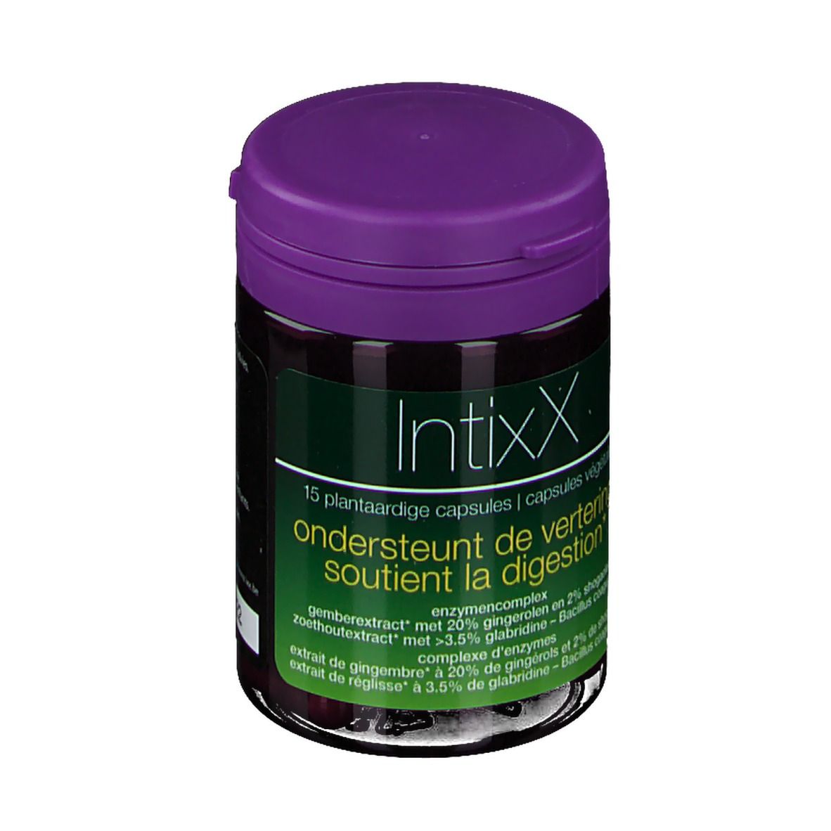 Flacon cylindrique violet. Inscription Intixx, 15 capsules végétales. Texte: soutient la digestion.