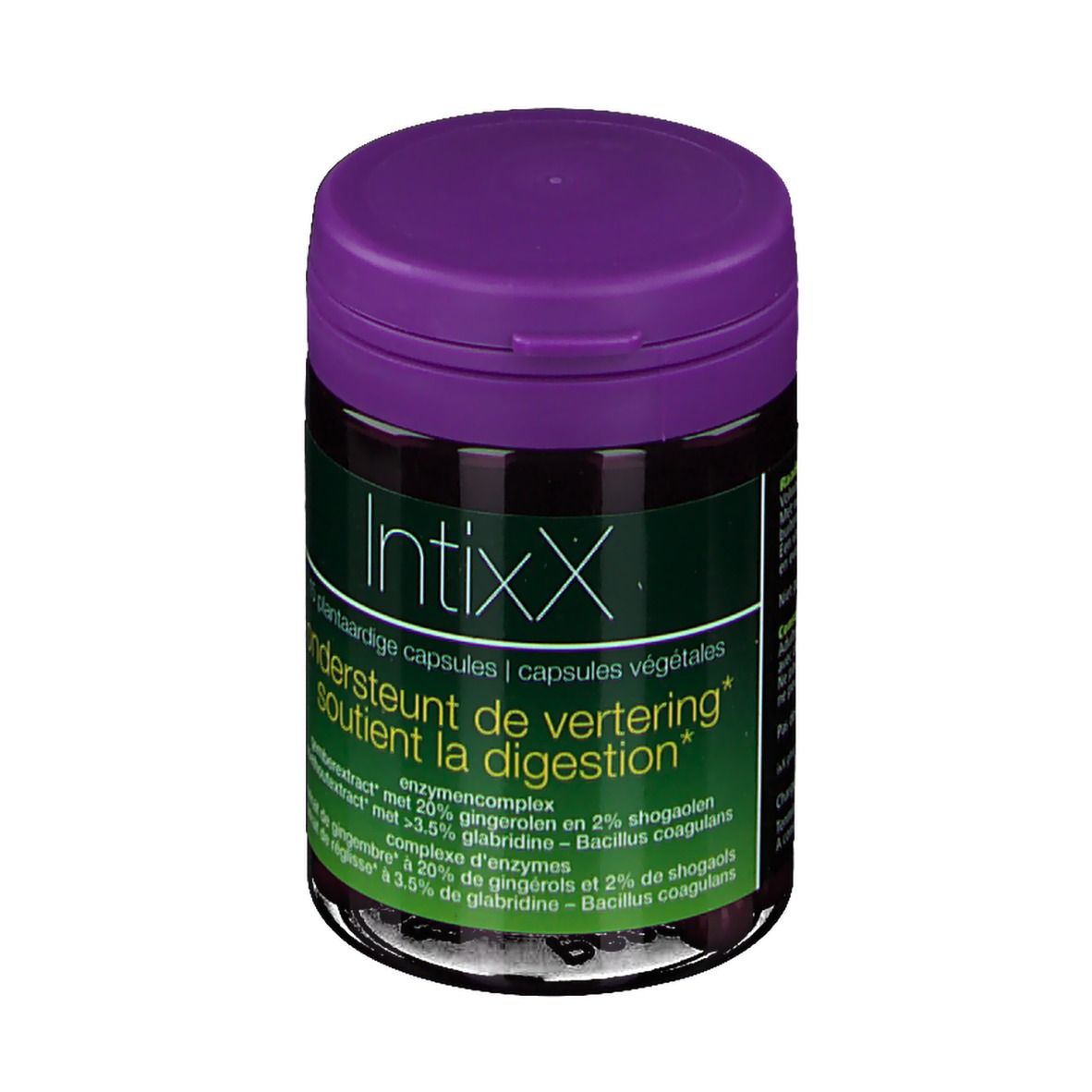 Flacon cylindrique violet. Inscription Intixx, 15 capsules végétales. Texte: soutient la digestion.