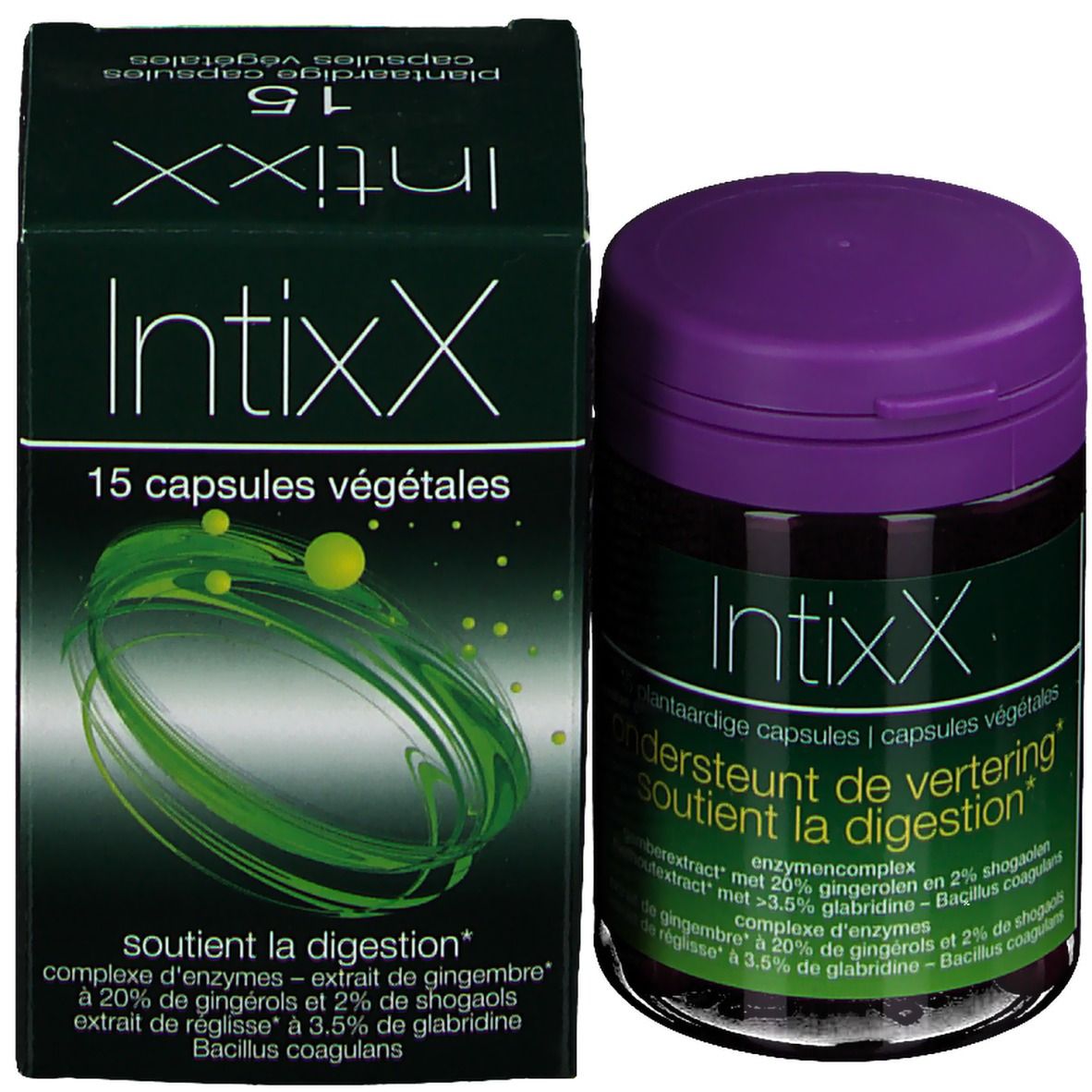 Emballage et flacon. Inscription Intixx, 15 capsules. Texte: soutient la digestion.