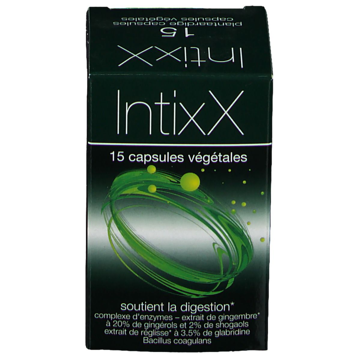 Emballage. Inscription Intixx, 15 capsules. Texte: soutient la digestion.
