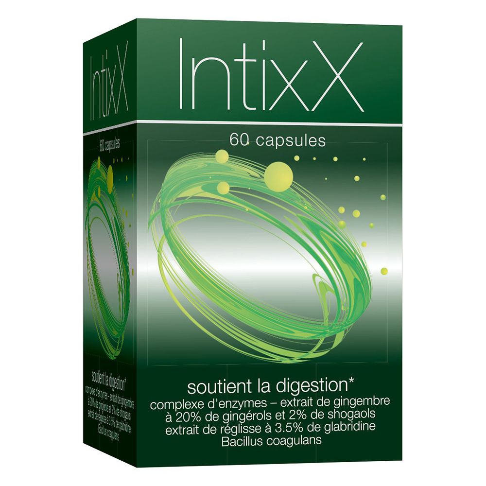 Boîte verte IntixX, 60 capsules. Ingrédients : complexe d'enzymes, gingembre, shogaols, réglisse, Bacillus coagulans. Soutient la digestion.