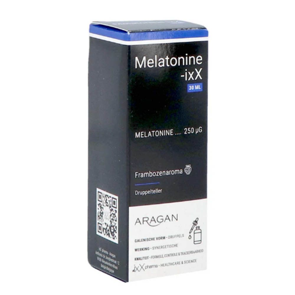 Emballage du produit avec boîte. Boîte avec nom du produit Melatonine-ixX, 30 ml, arôme framboise. Pipette.