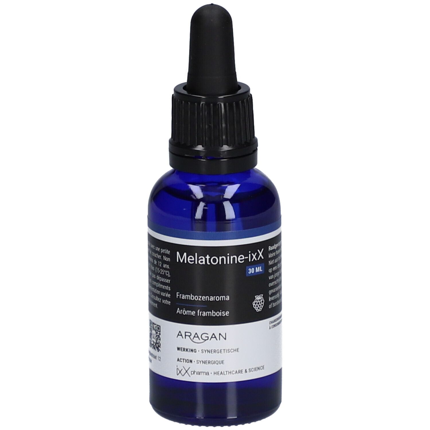 Flacon en verre bleu avec bouchon noir et pipette. Étiquette avec nom du produit Melatonine-ixX, 30 ml, arôme framboise.