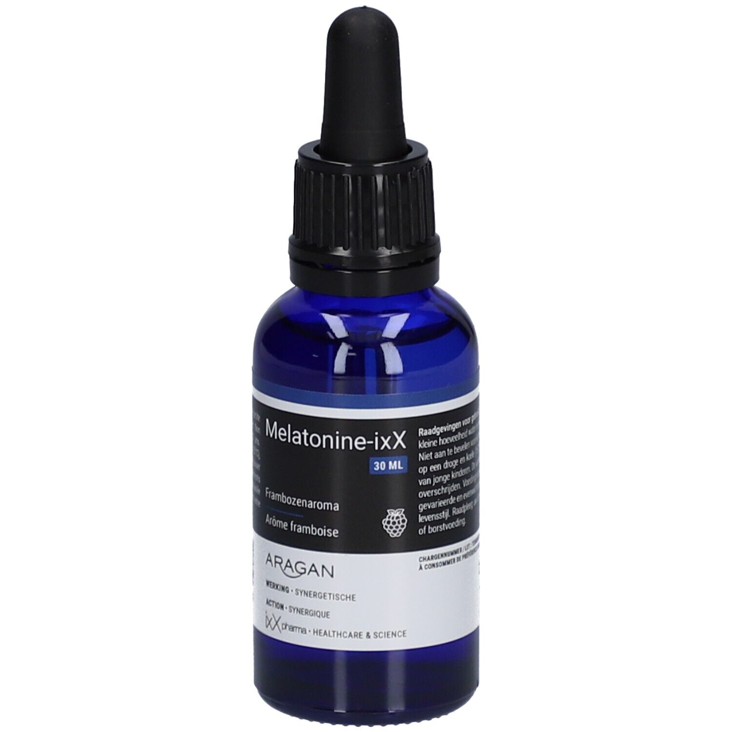 Flacon en verre bleu avec bouchon noir et pipette. Étiquette avec nom du produit Melatonine-ixX, 30 ml, arôme framboise.