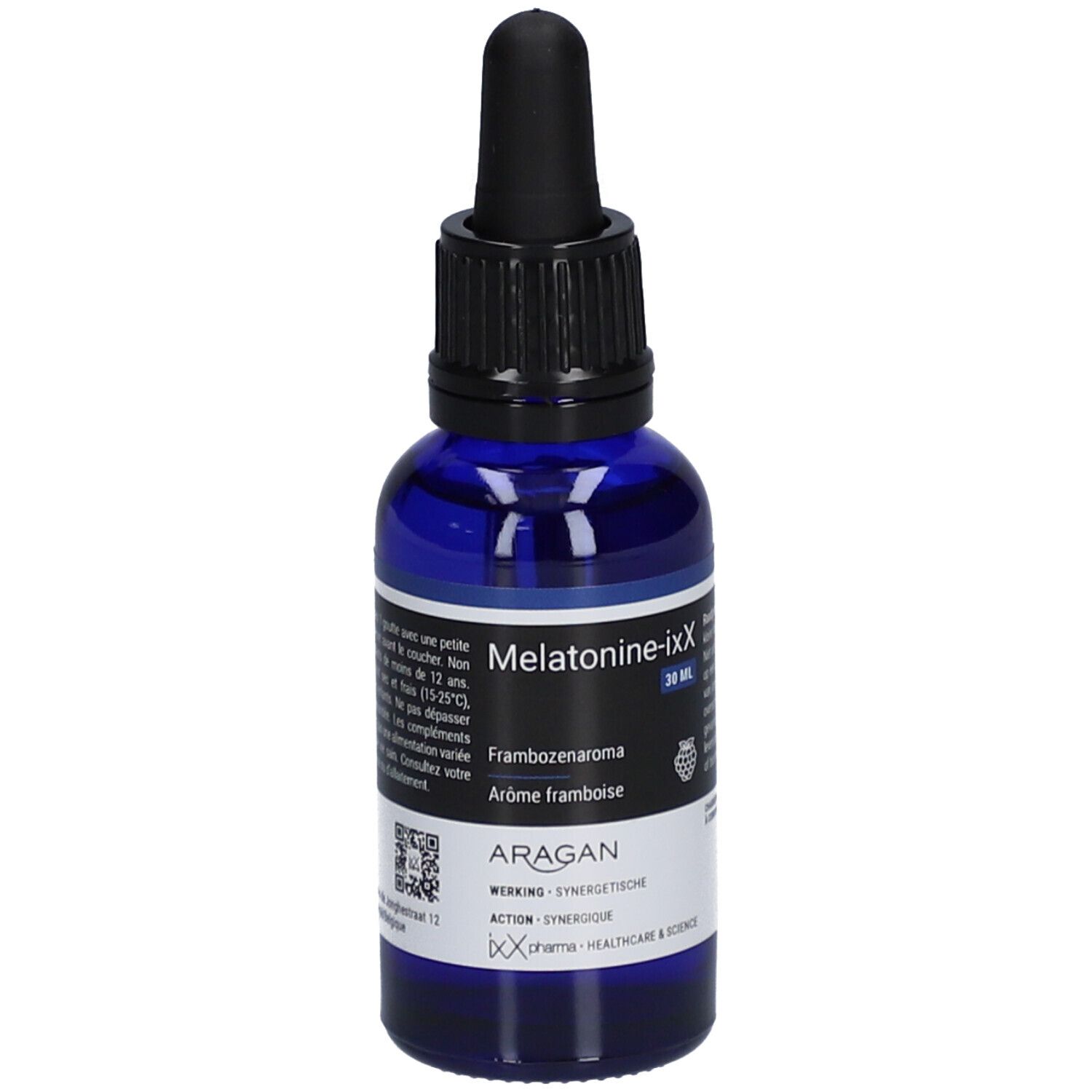 Flacon en verre bleu avec bouchon noir et pipette. Étiquette avec nom du produit Melatonine-ixX, 30 ml, arôme framboise.