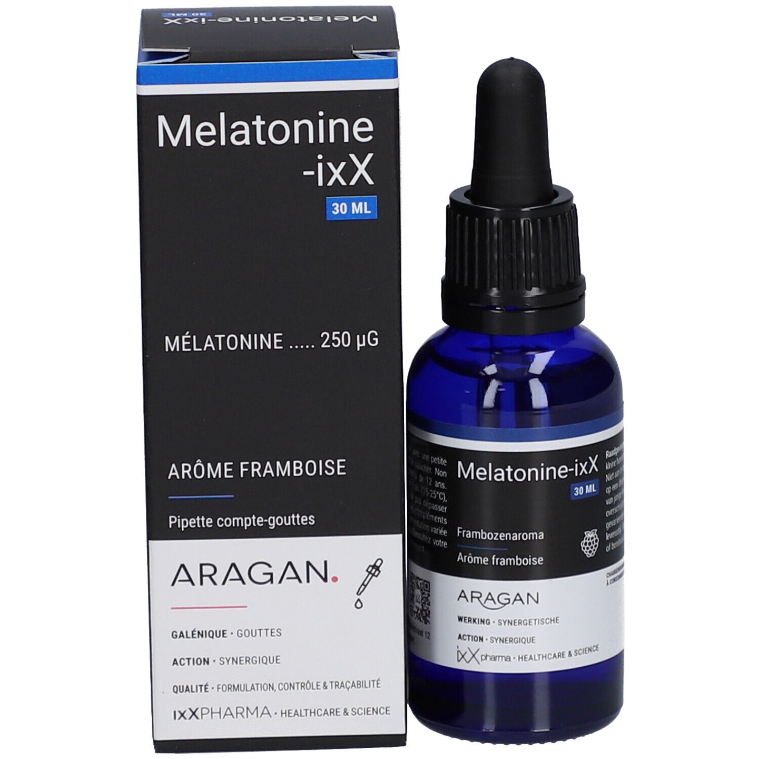 Emballage du produit avec flacon et boîte. Boîte avec nom du produit Melatonine-ixX, 30 ml, arôme framboise. Pipette.